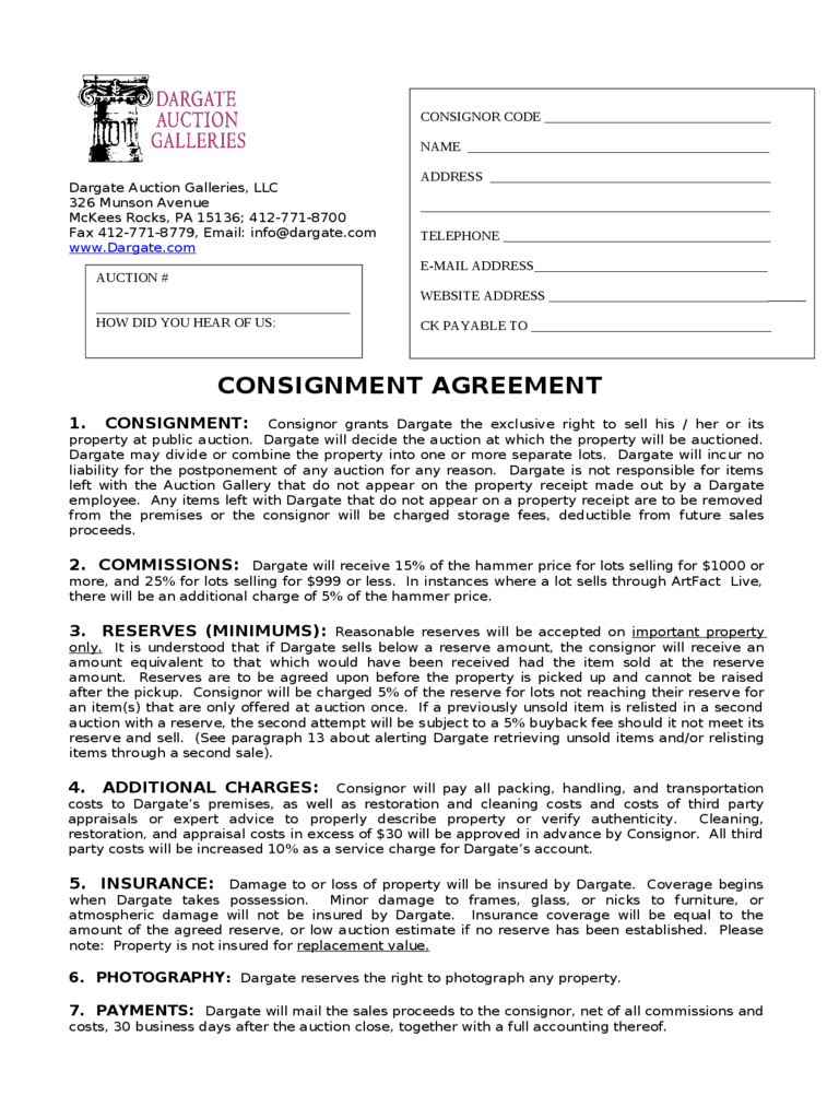Clothing Consignment Agreement Template Consignment Agreement Pdf 79755 Consignment Agreement Form 7 Free