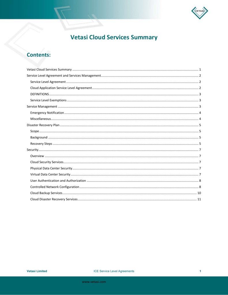 Cloud Service Level Agreement Template Vetasi Cloud Services Summary