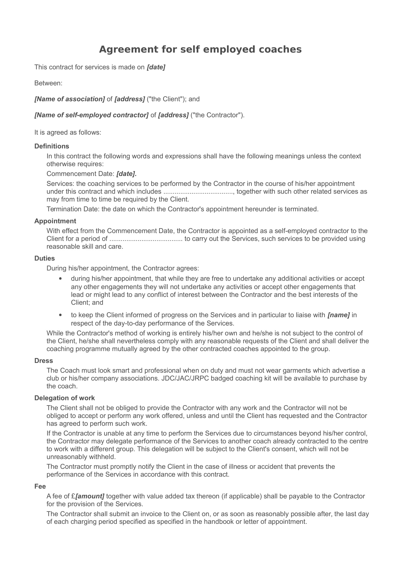 Coaching Agreement Form 13 Sports Coach Contract Example Templates Docs Word Examples