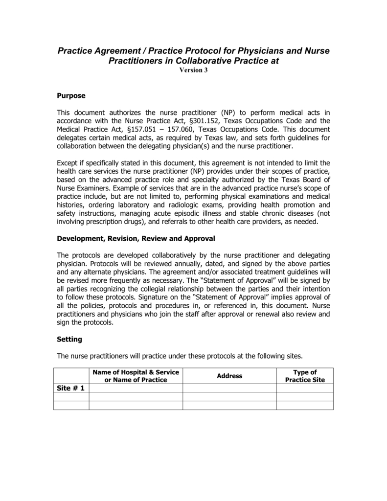Collaborative Practice Agreement Nurse Practitioner Practice Agreement Practice Protocol For Physicians And Nurse