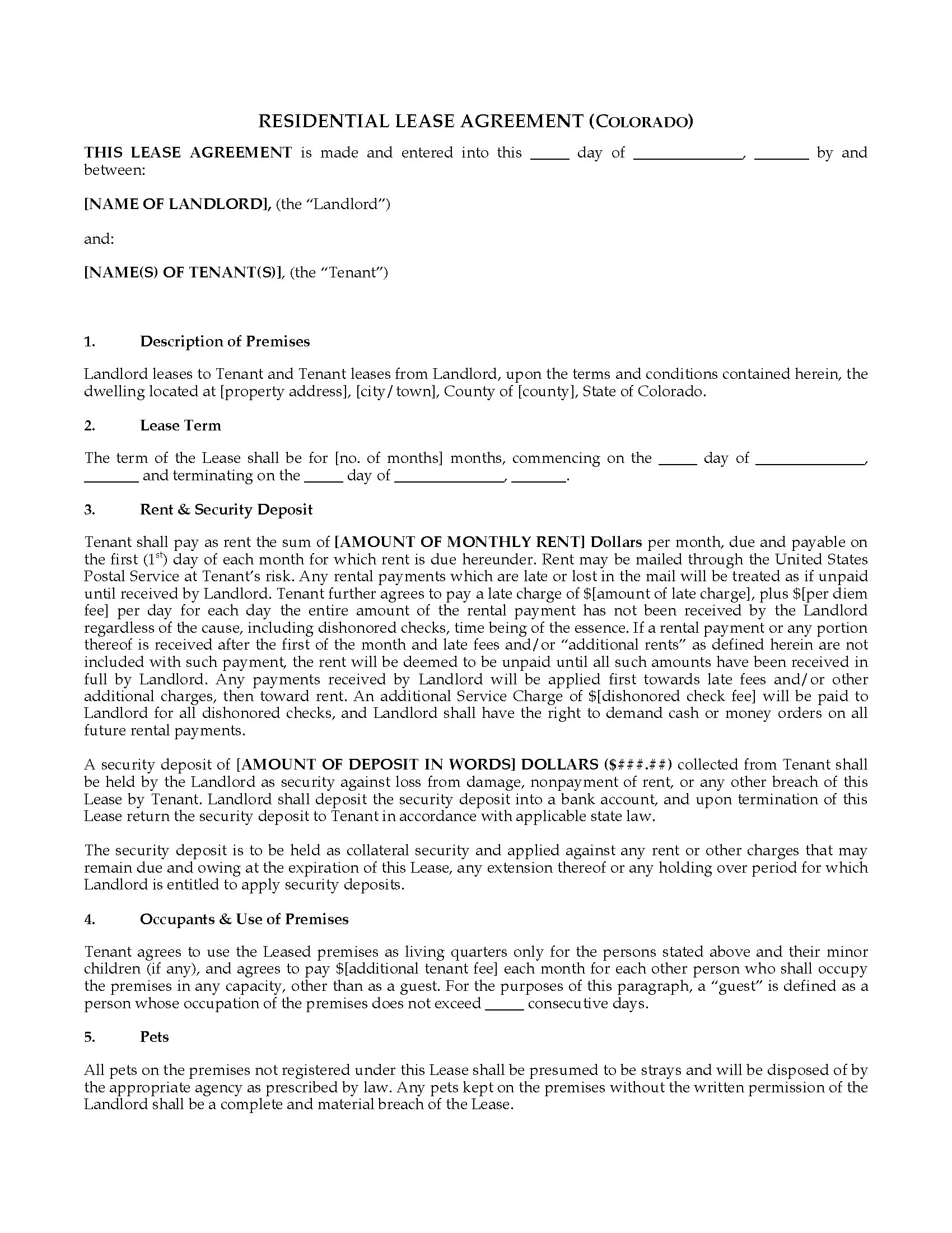 Colorado Residential Lease Agreement Colorado Fixed Term Residential Lease Agreement