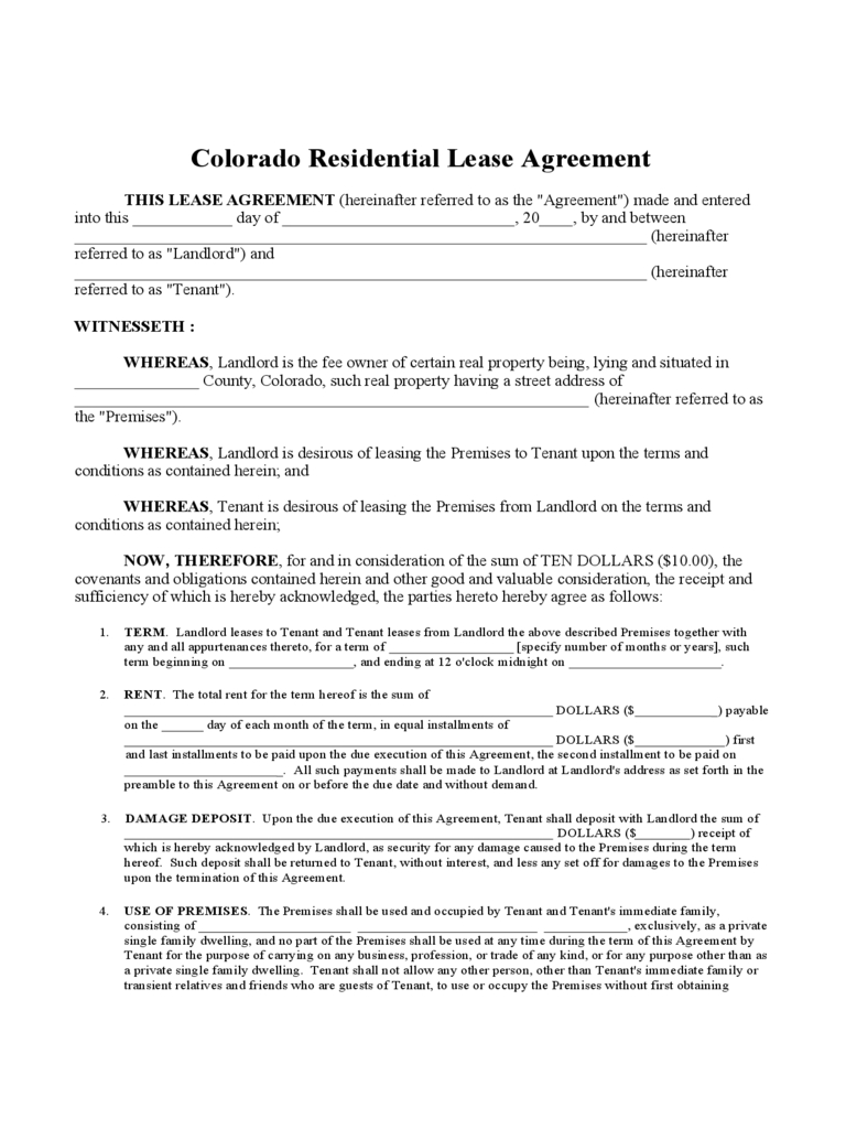 Colorado Residential Lease Agreement Colorado Residential Lease Agreement Free Download