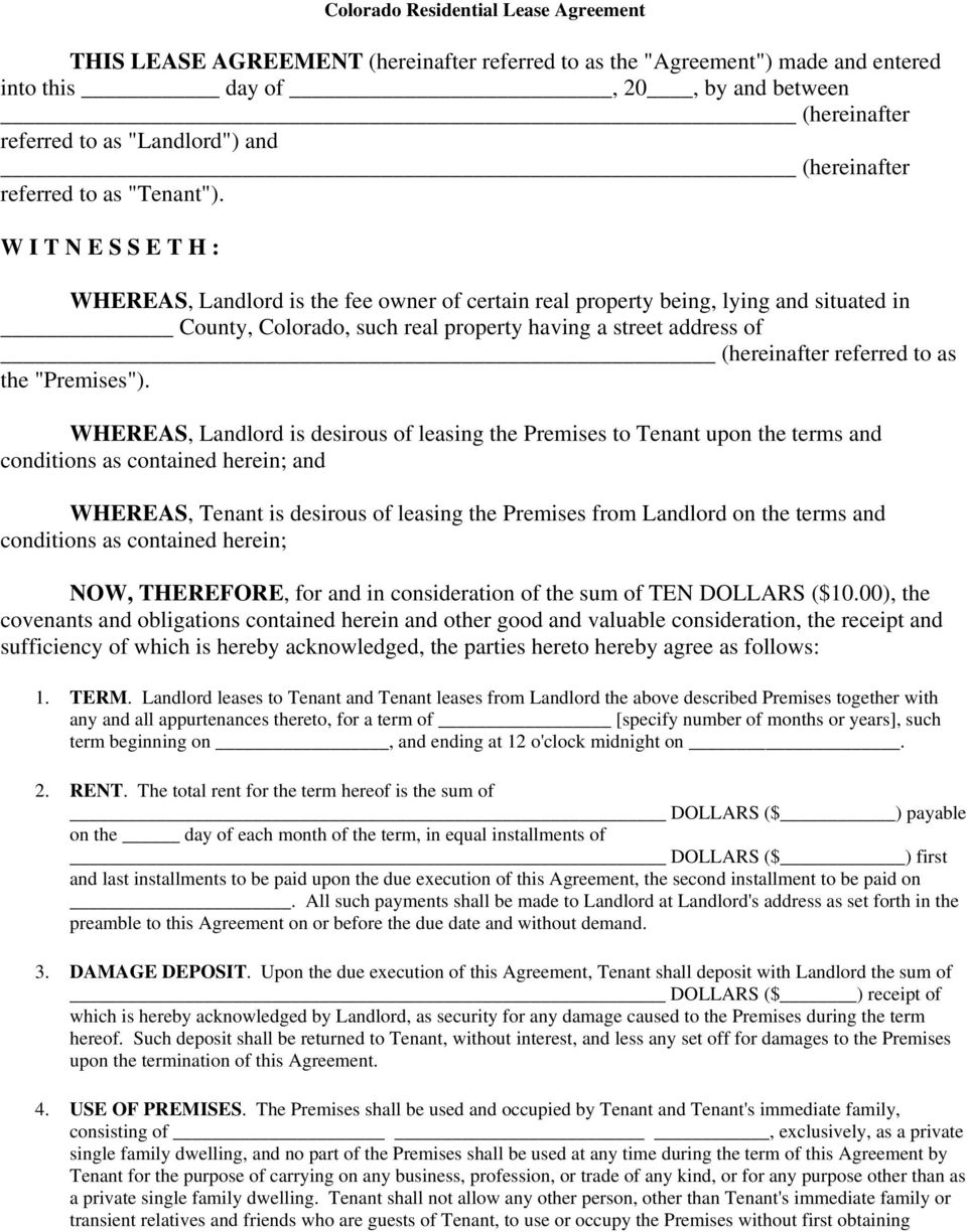 Colorado Residential Lease Agreement Colorado Residential Lease Agreement Pdf