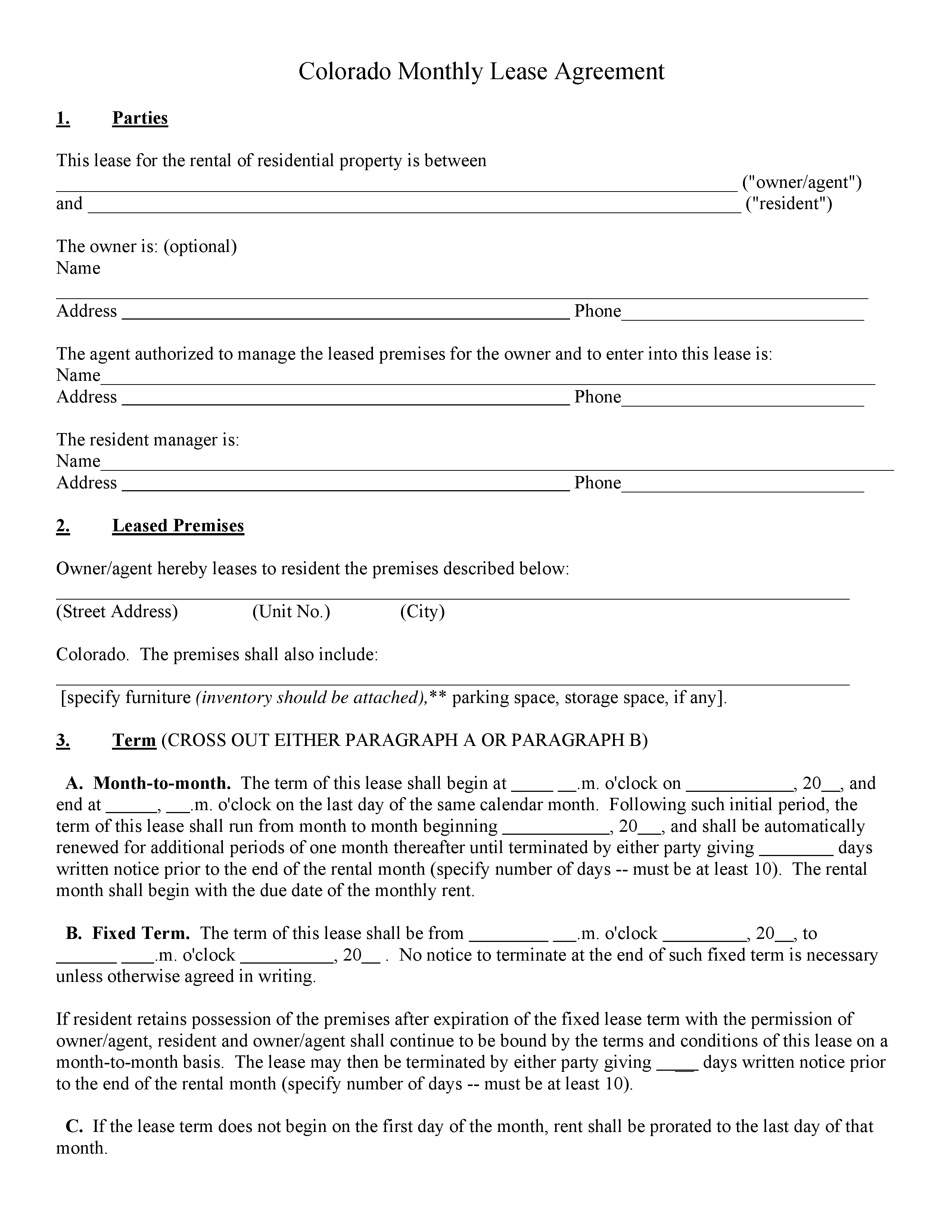 Colorado Residential Lease Agreement Download Free Rental Lease Agreement Forms Form Download