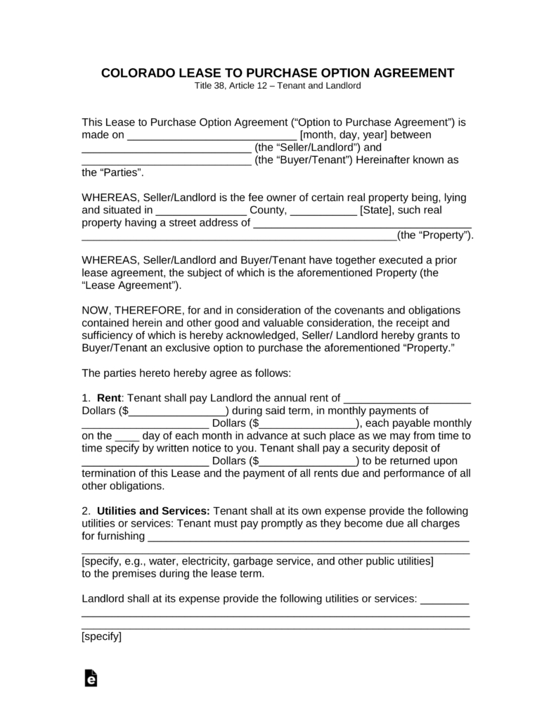 Colorado Residential Lease Agreement Free Colorado Lease With Option To Purchase Lease To Own Agreement