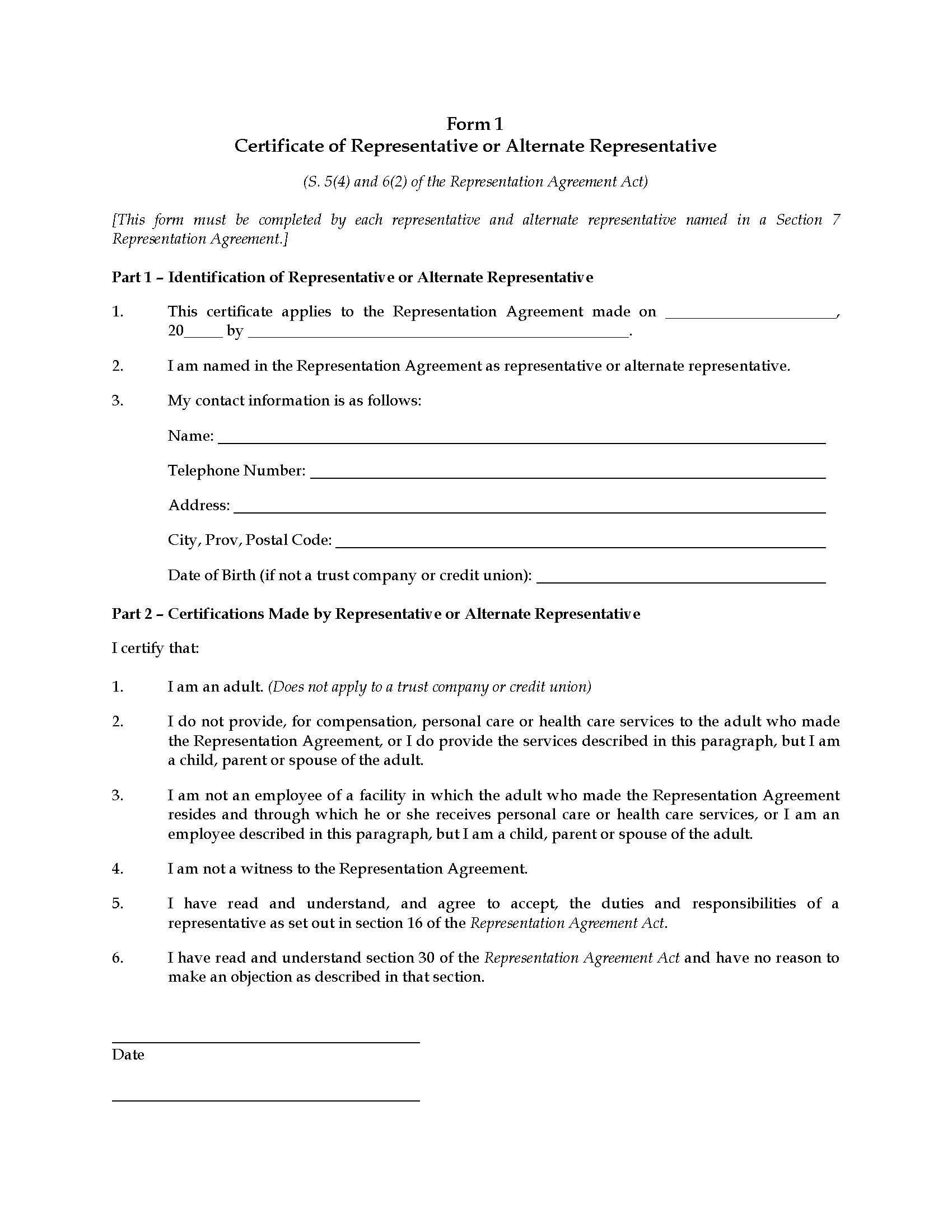 Company Representative Agreement British Columbia Form 1 Certificate Of Representative Legal Forms