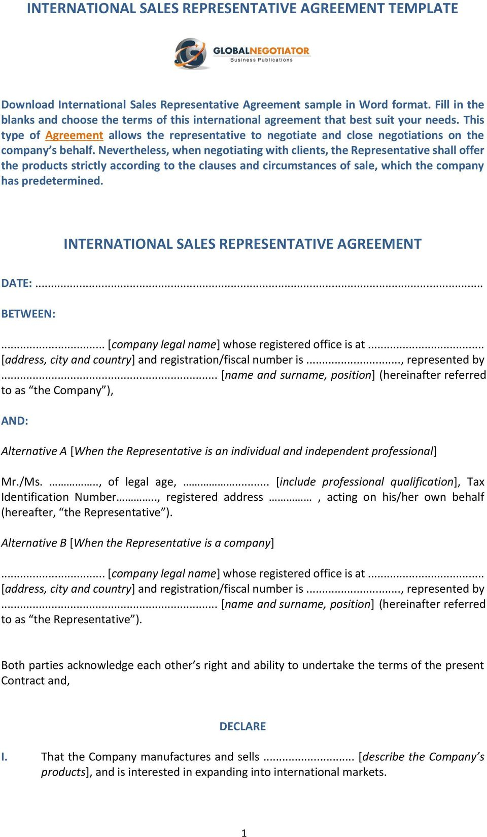 Company Representative Agreement International Sales Representative Agreement Template International
