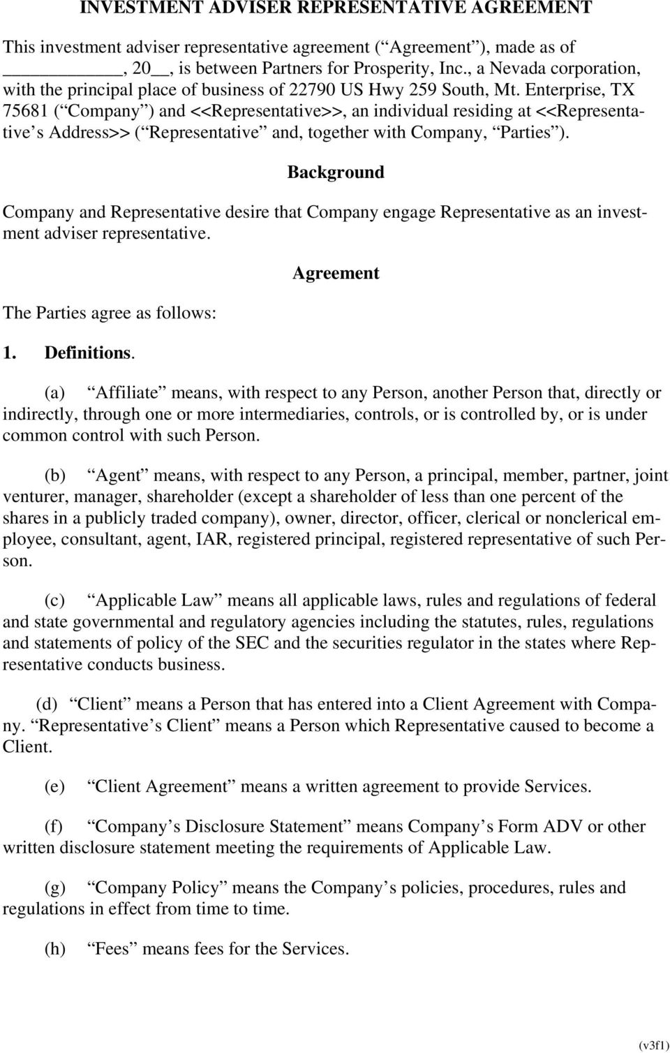 Company Representative Agreement Investment Adviser Representative Agreement Pdf