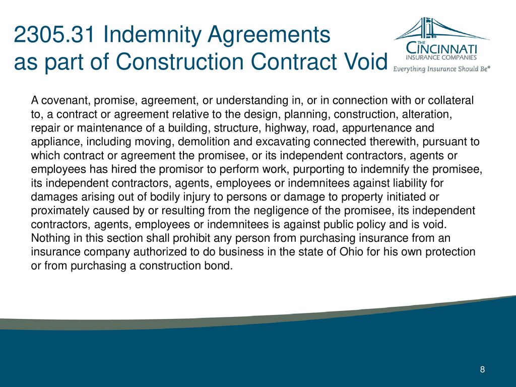 Construction Indemnity Agreement The Law Of Ohio Risk Transfer Ppt Download