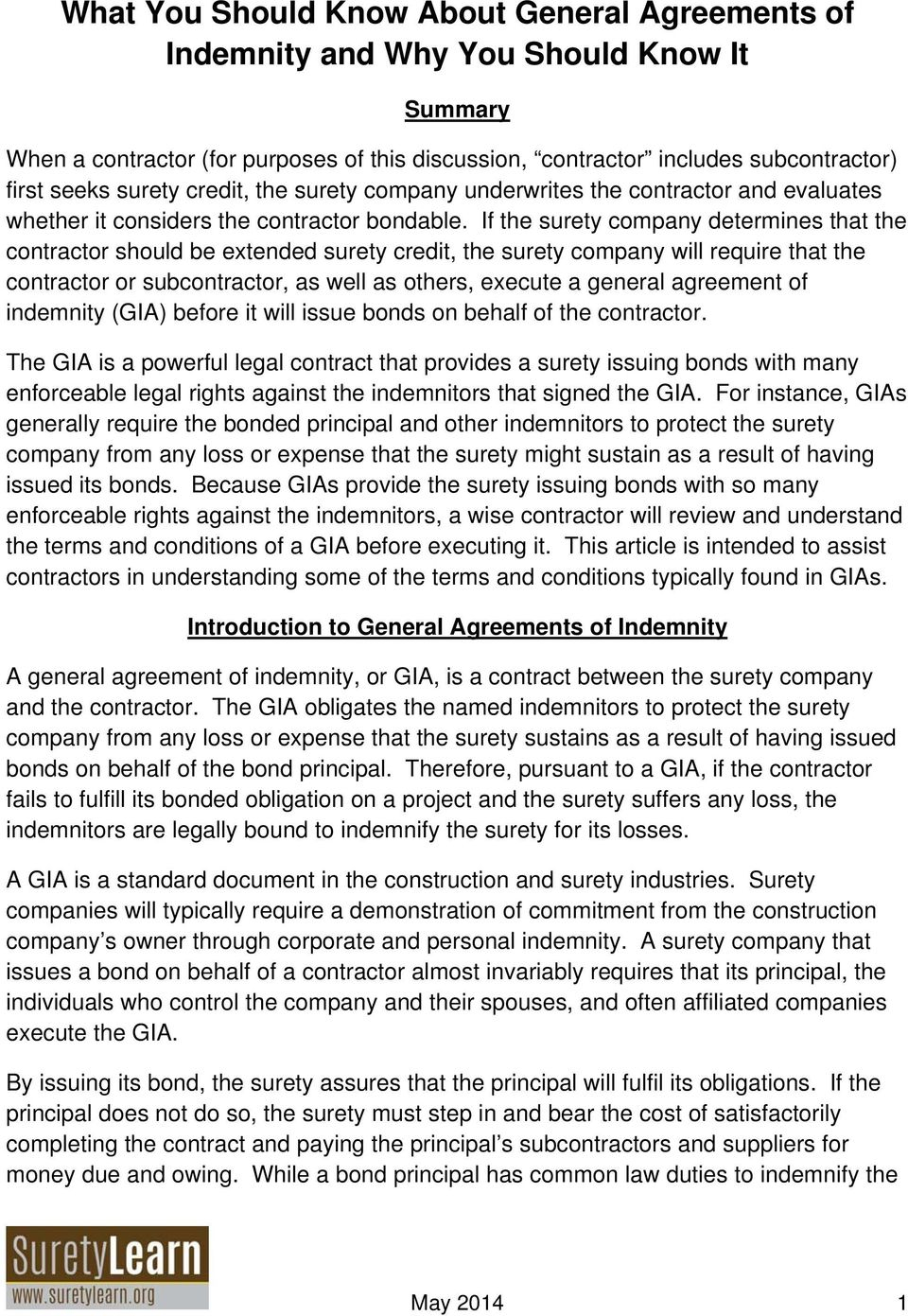 Construction Indemnity Agreement What You Should Know About General Agreements Of Indemnity And Why