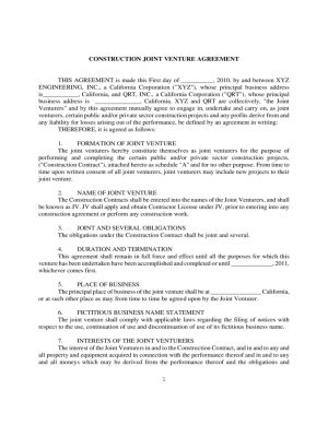 Construction Joint Venture Agreement Template Joint Venture Agreement Template 5 Free Templates In Pdf Word