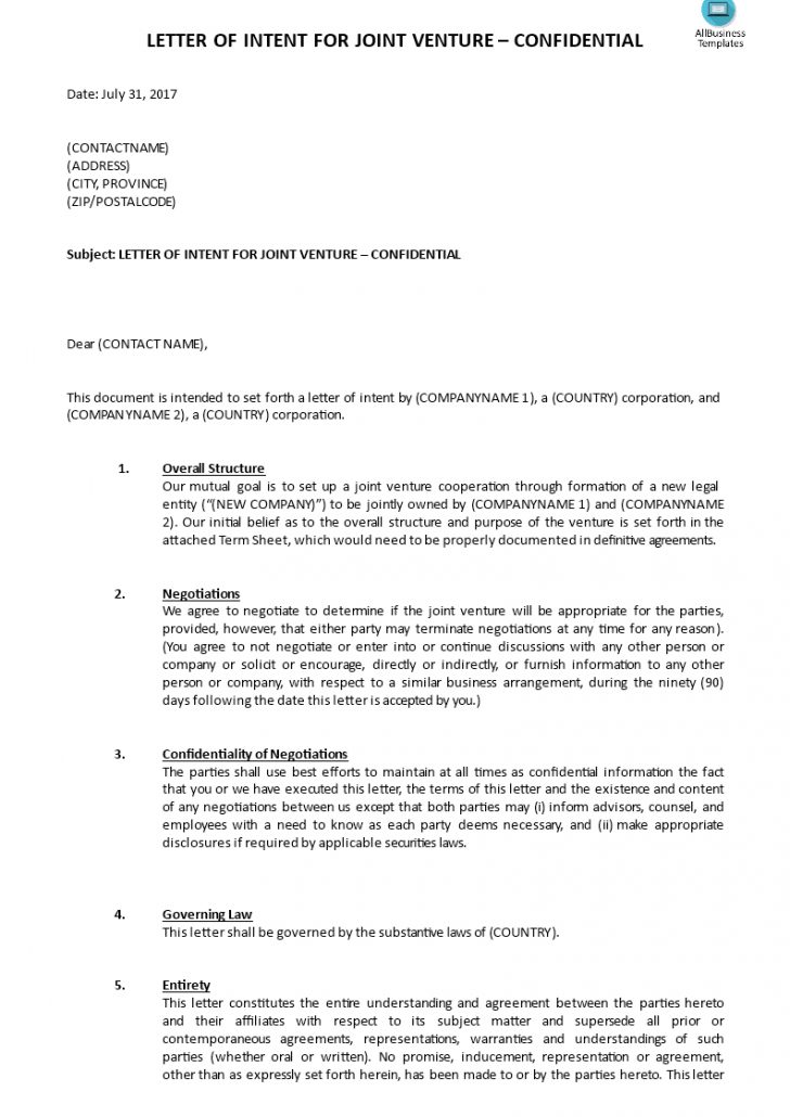 Construction Joint Venture Agreement Template Joint Venture Letter Of ...