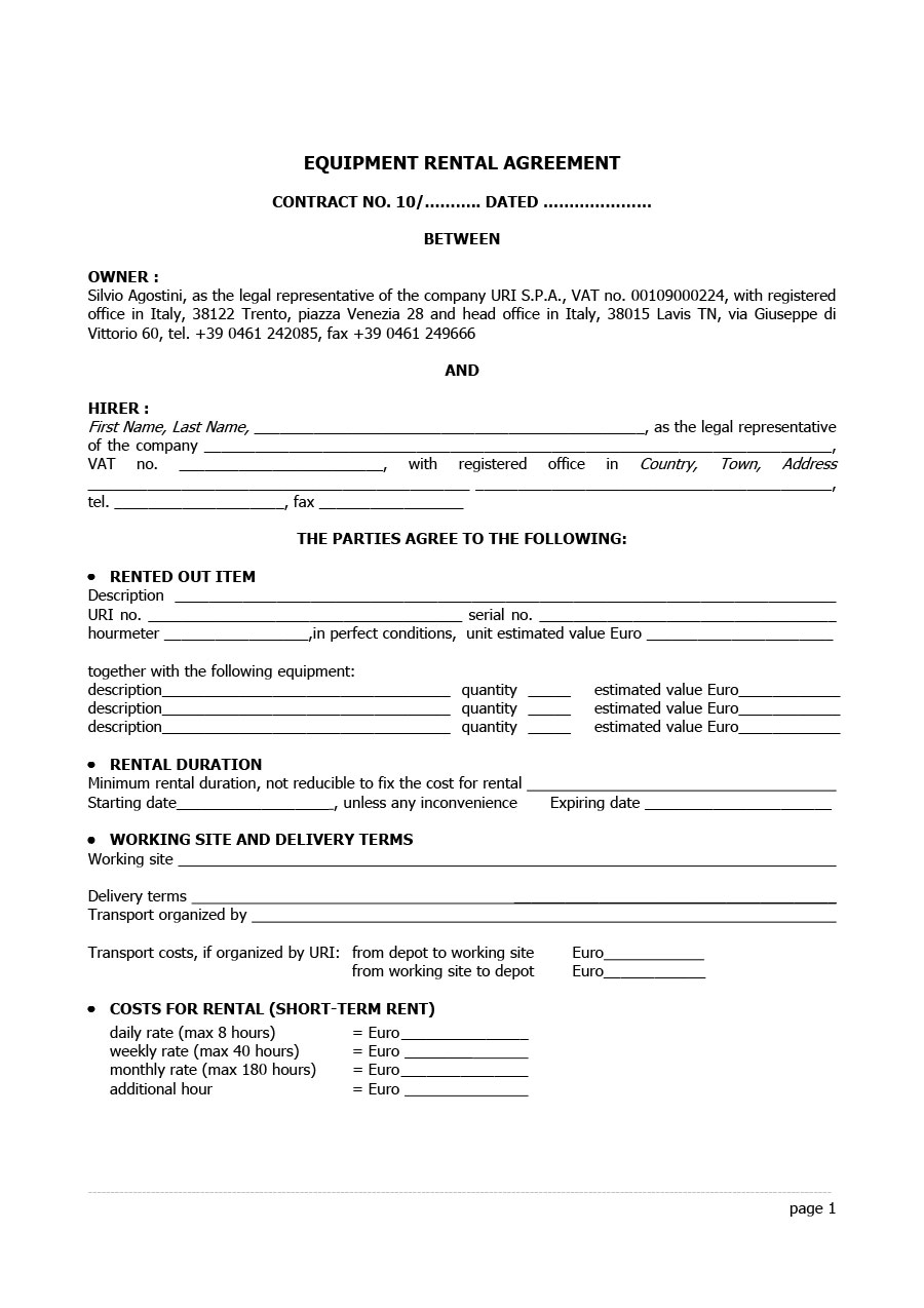 Contract Rental Agreement Template 44 Simple Equipment Lease Agreement Templates Template Lab
