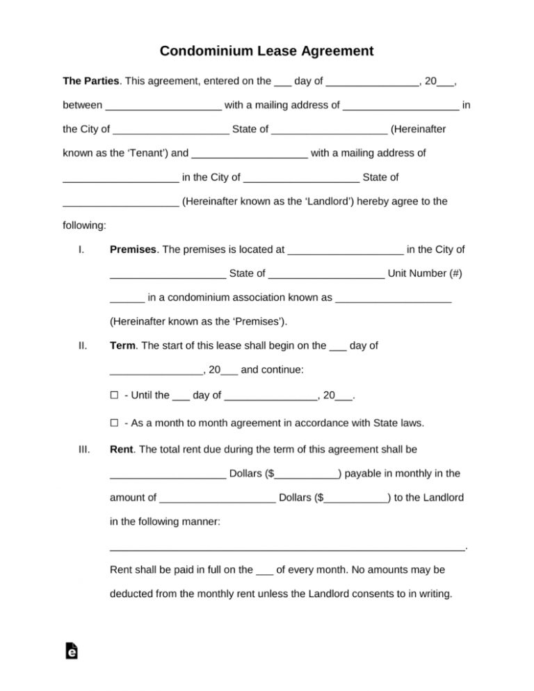 Contract Rental Agreement Template Free Condominium Condo Lease