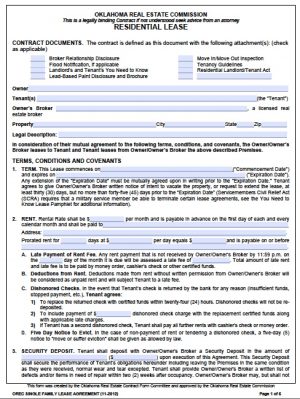 Contract Rental Agreement Template Free Oklahoma Standard One 1 Year Residential Lease Agreement