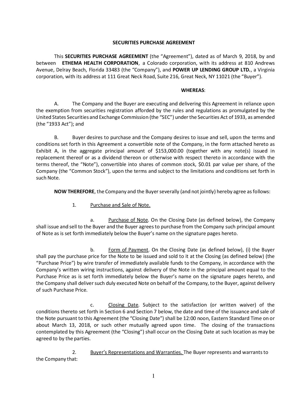Convertible Promissory Note Purchase Agreement Form 8 K Ethema Health Corp For Mar 09