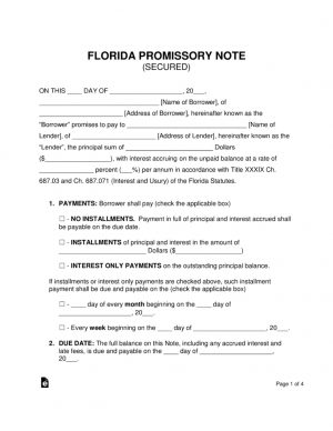 Convertible Promissory Note Purchase Agreement Free Florida Secured Promissory Note Template Word Pdf Eforms