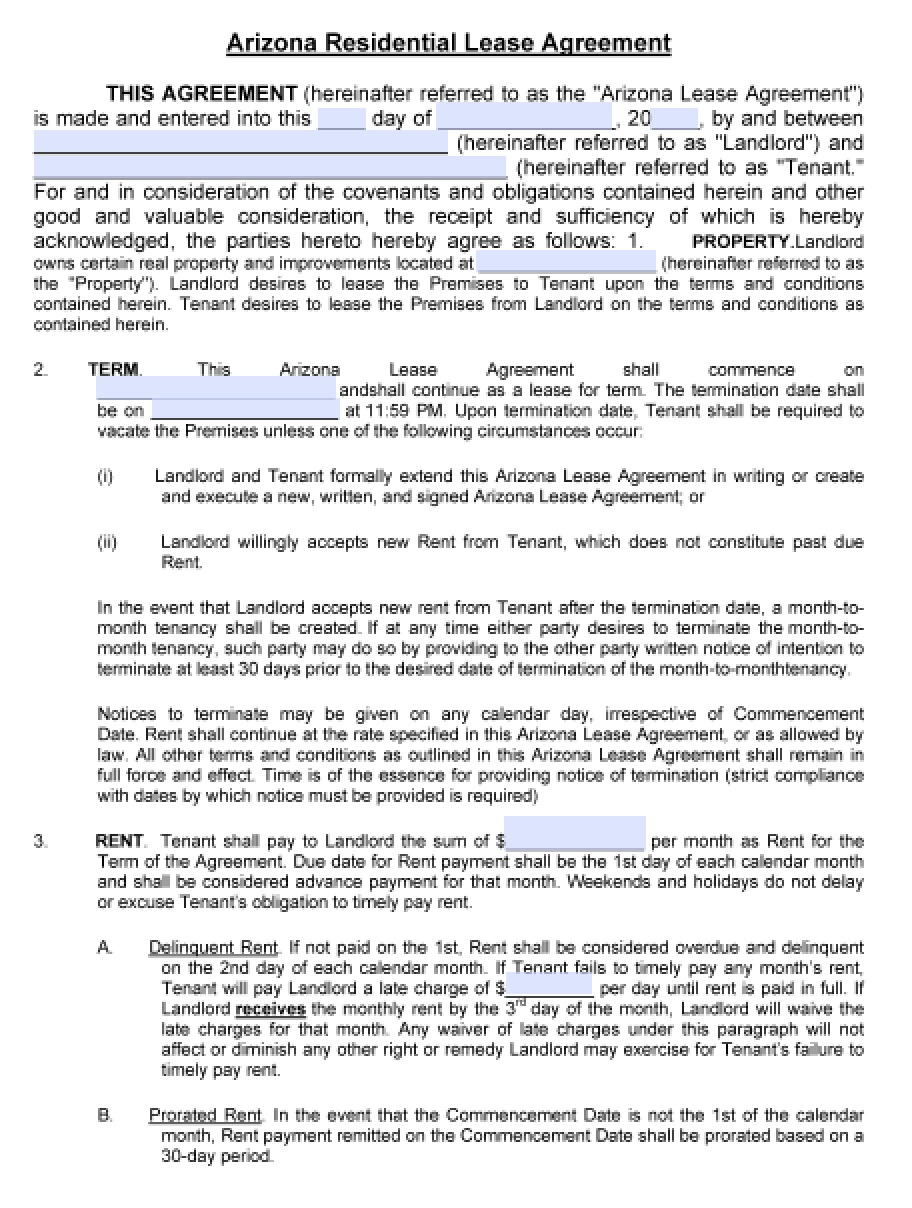 Copy Of A Lease Agreement For Residential Free Arizona Standard Residential Lease Agreement Template Pdf