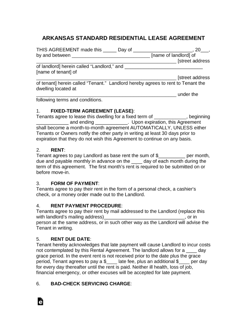 Copy Of A Lease Agreement For Residential Free Arkansas Standard Residential Lease Agreement Pdf Word
