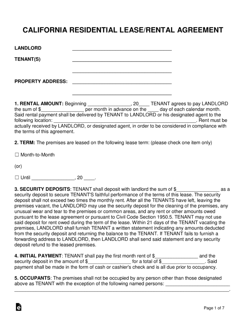 Copy Of A Lease Agreement For Residential Free California Standard Residential Lease Agreement Template Pdf