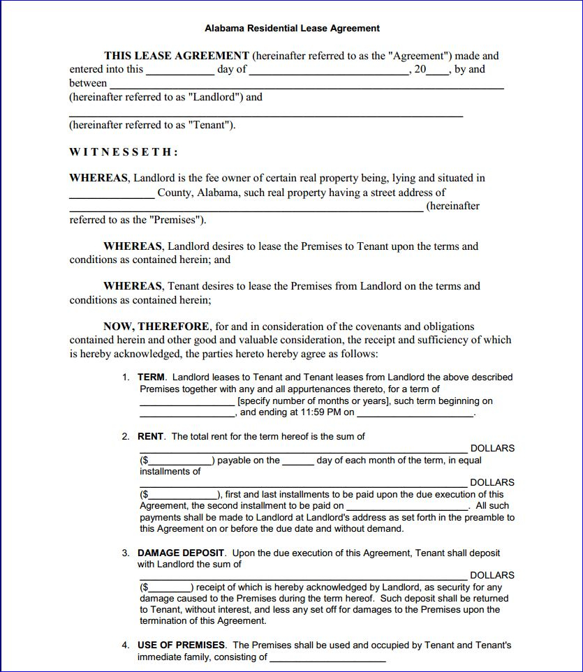 Copy Of A Lease Agreement For Residential Free Printable Alabama Residential Lease Agreement Printable