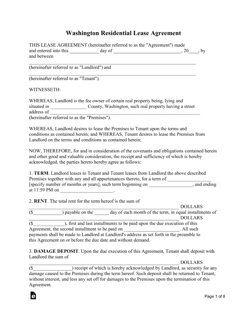 Copy Of A Lease Agreement For Residential Free Washington Standard Residential Lease Agreement Template Pdf