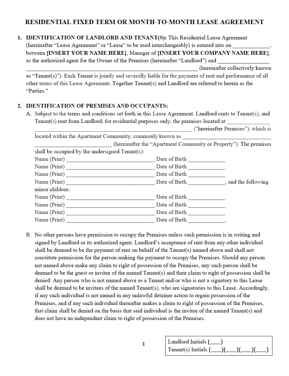 Copy Of A Lease Agreement For Residential Residential Lease And Rental Agreement Property Management Forms