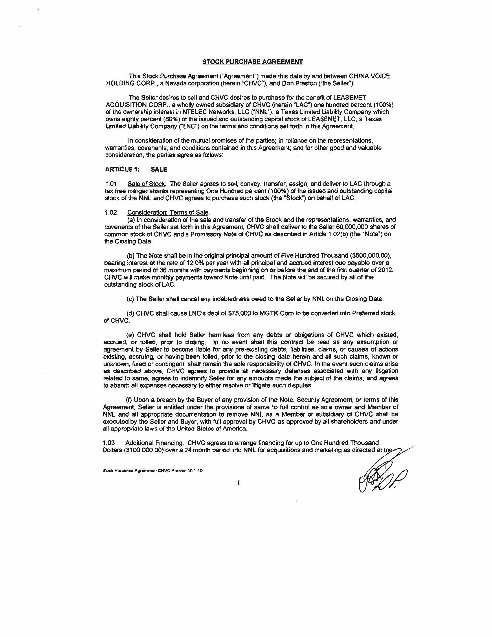 Corp To Corp Agreement Template China Voice Holding Corp Form 8 K Ex 21 Stock Purchase
