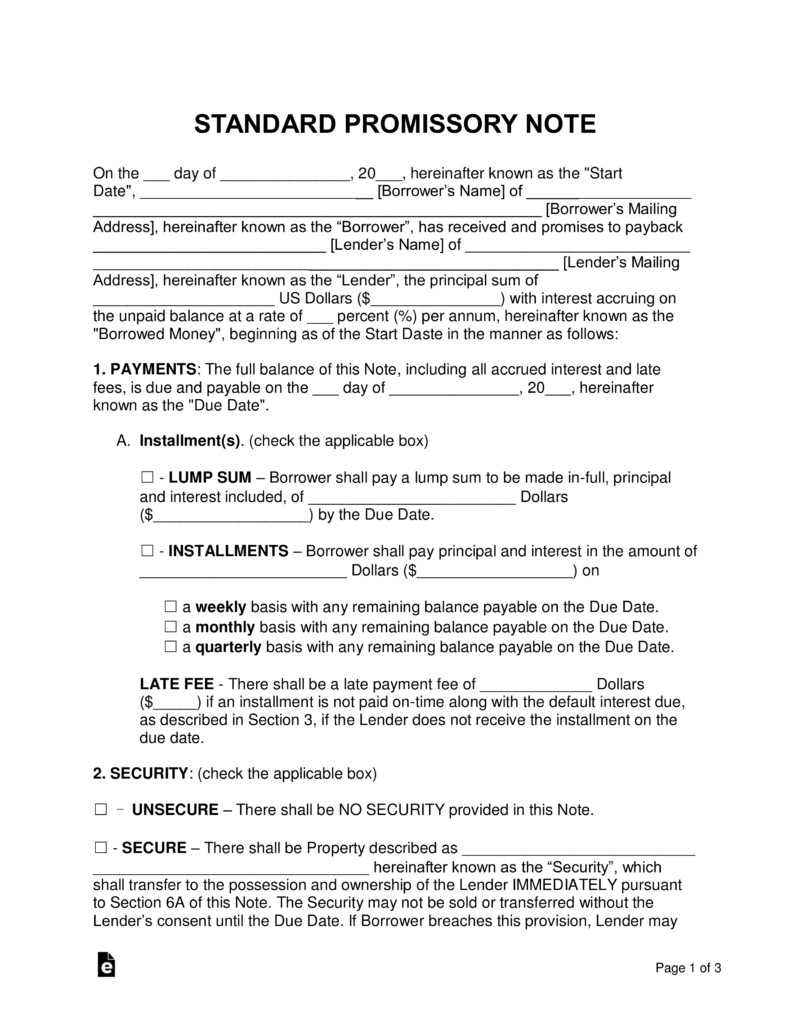 Corp To Corp Agreement Template Free Promissory Note Templates Pdf Word Eforms Free Fillable