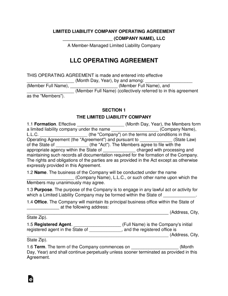 Corp To Corp Agreement Template Multi Member Llc Operating Agreement Template Eforms Free