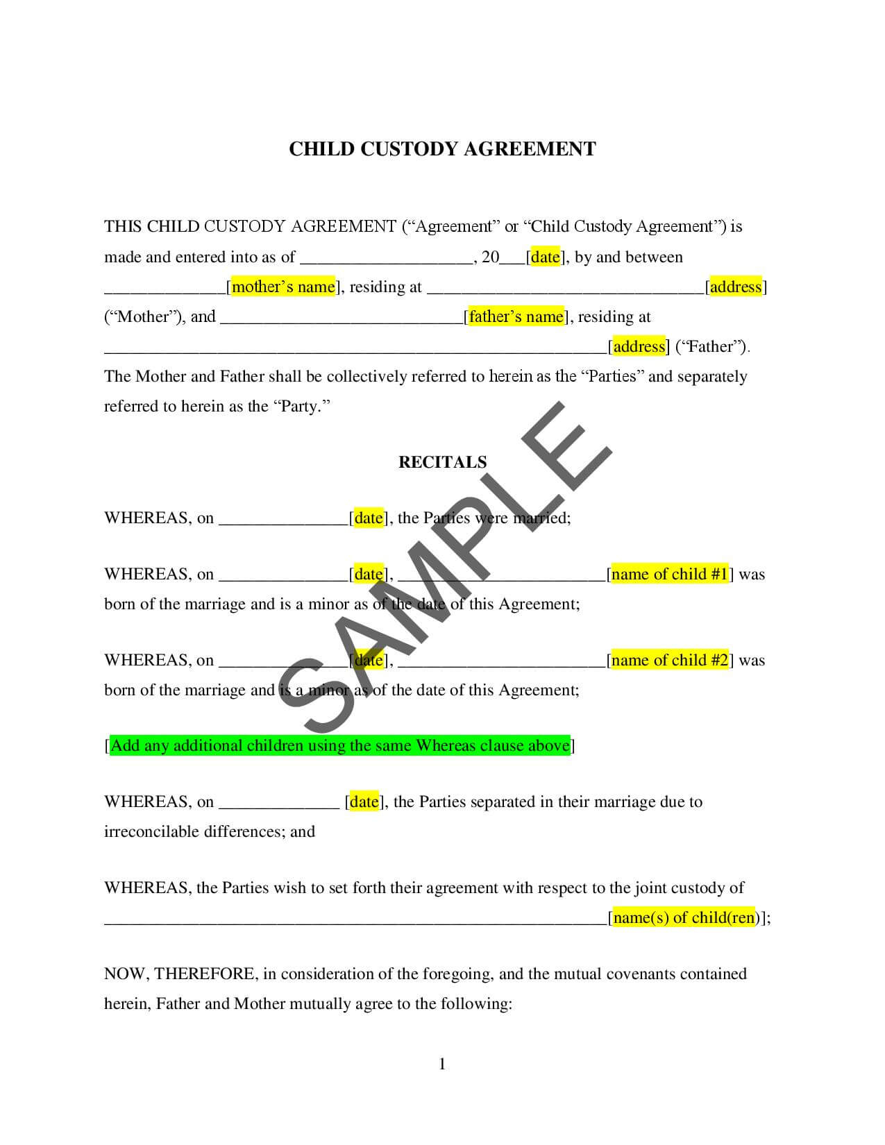 Custody Agreement Sample Child Custody Agreement