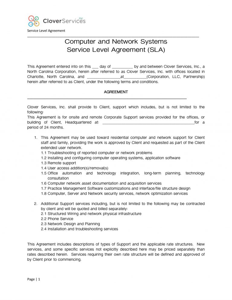 Define Service Level Agreement Computer And Network Systems Service