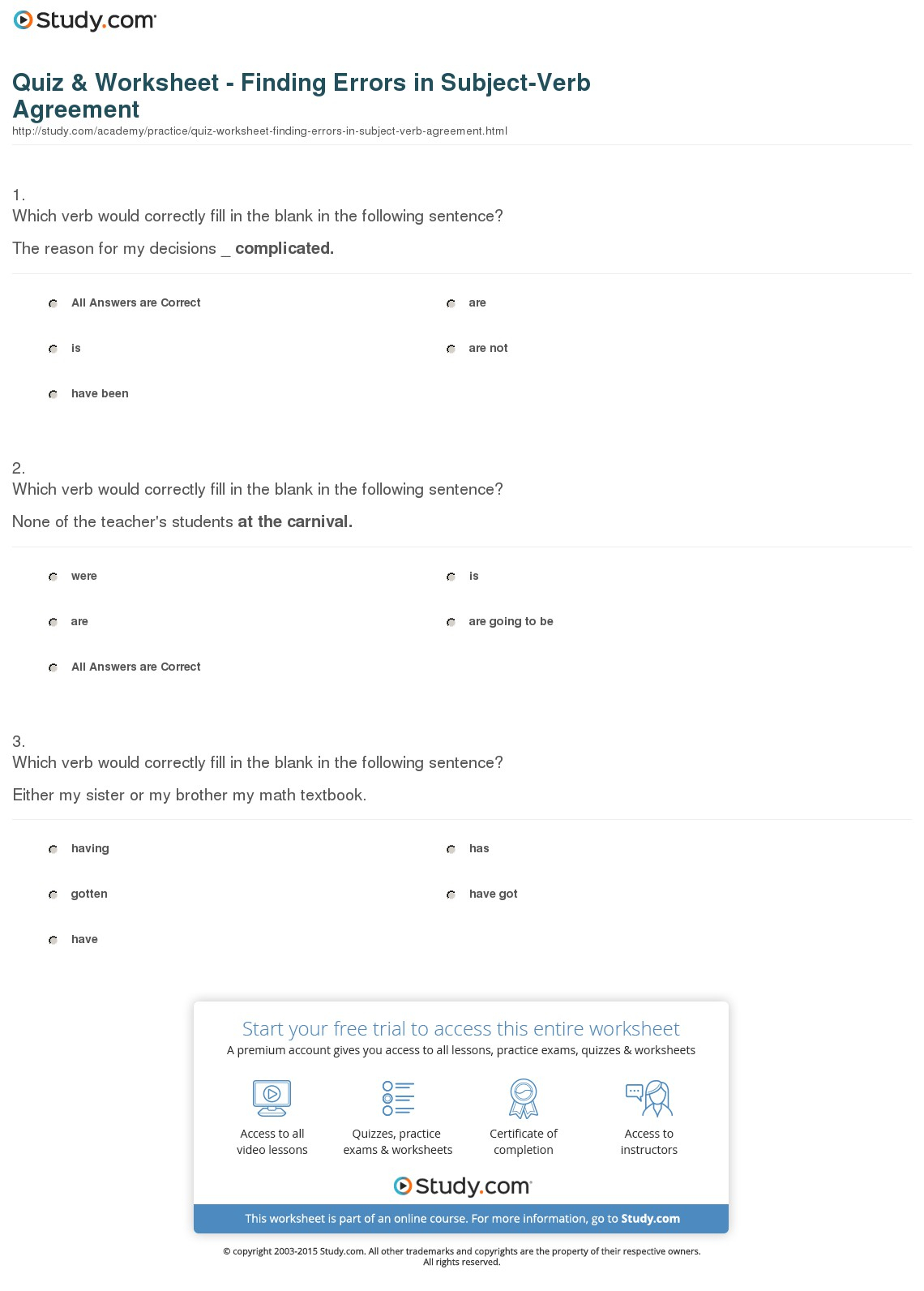 Define Subject Verb Agreement Quiz Worksheet Finding Errors In Subject Verb Agreement Study