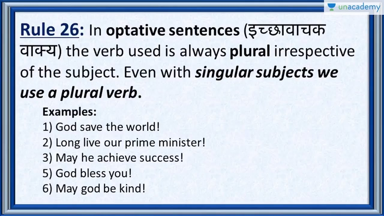 Define Subject Verb Agreement Subject Verb Agreement Rule 26 Optative Sentences In Hindi
