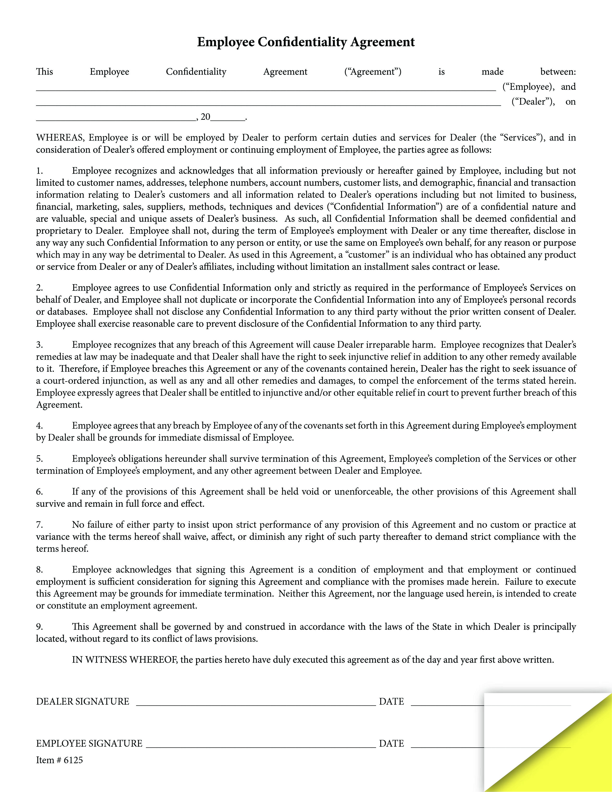 Employee Confidentiality Agreement Form Employee Confidentiality Agreement
