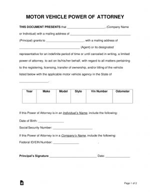 Employee Vehicle Use Agreement Template Free Motor Vehicle Power Of Attorney Forms Pdf Word Eforms
