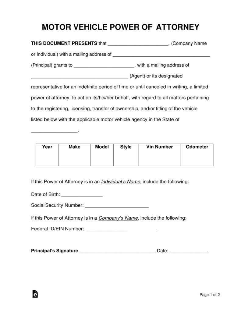 Employee Vehicle Use Agreement Template Free Motor Vehicle Power Of Attorney Forms Pdf Word Eforms