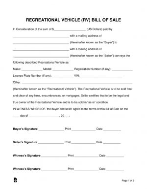 Employee Vehicle Use Agreement Template Free Recreational Vehicle Rv Bill Of Sale Form Word Pdf