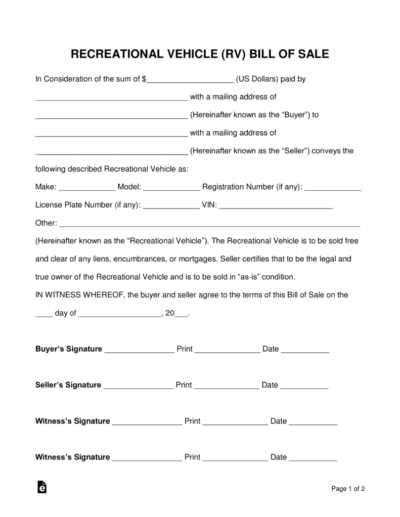 Employee Vehicle Use Agreement Template Free Recreational Vehicle Rv Bill Of Sale Form Word Pdf