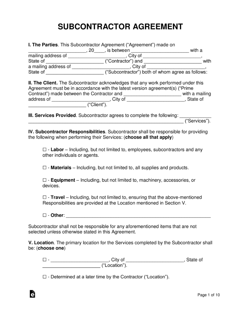 Employee Vehicle Use Agreement Template Free Subcontractor Agreement Templates Pdf Word Eforms Free