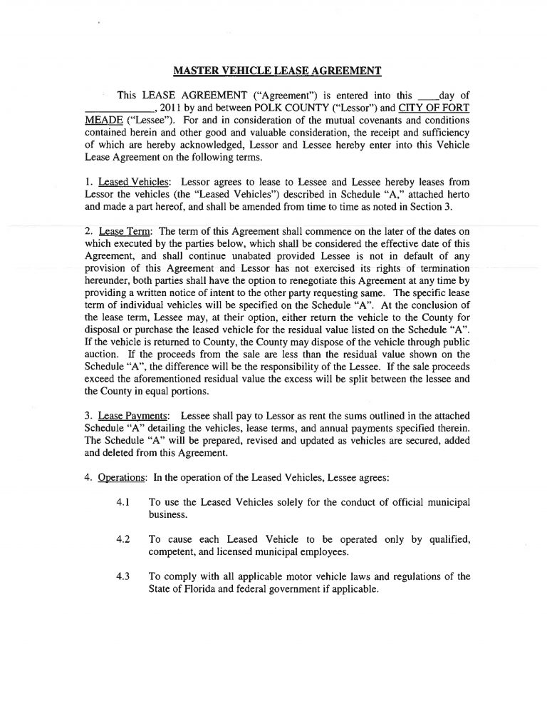 Employee Vehicle Use Agreement Template Master Vehicle Lease Agreement