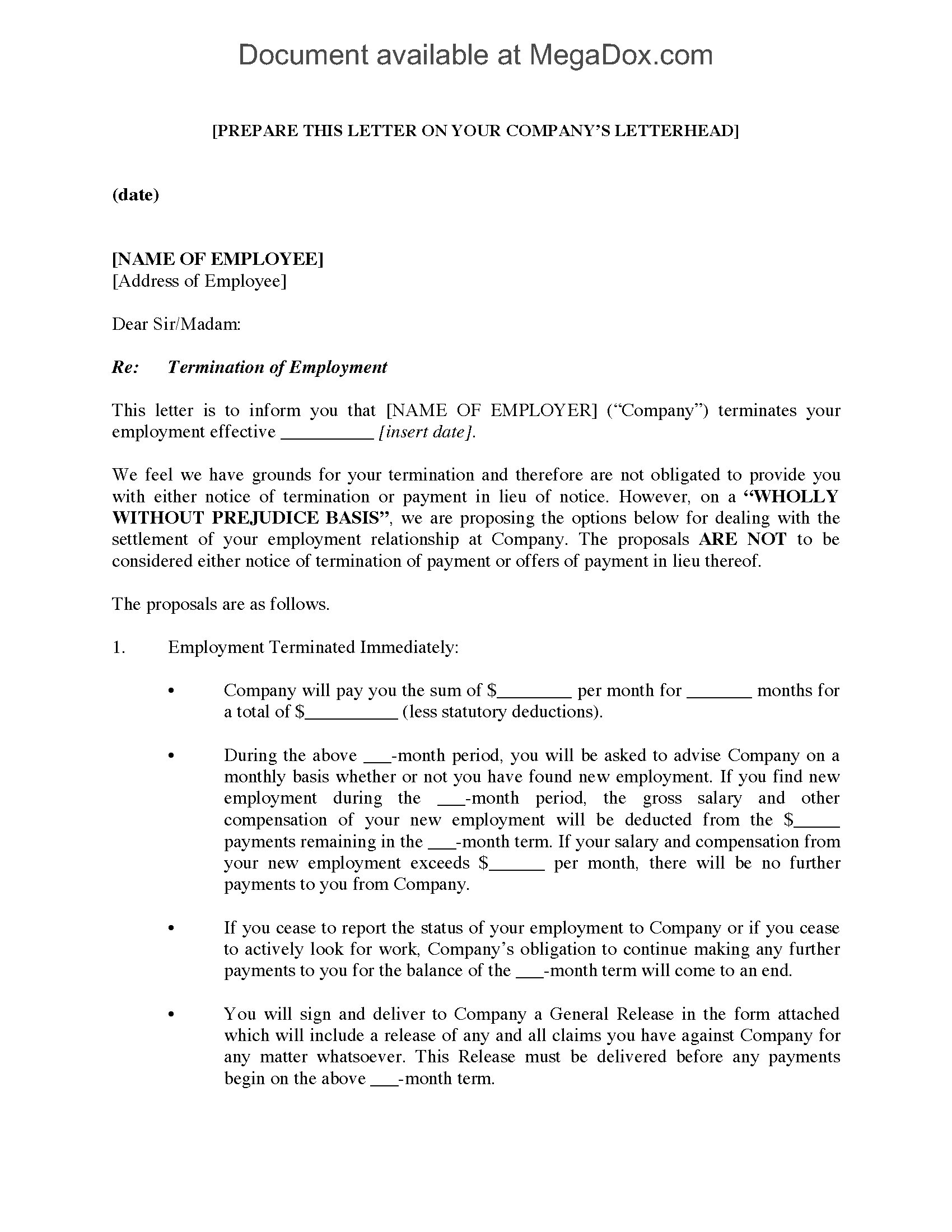 Employment Settlement Agreement Template Employment Termination Letter With Settlement Proposal