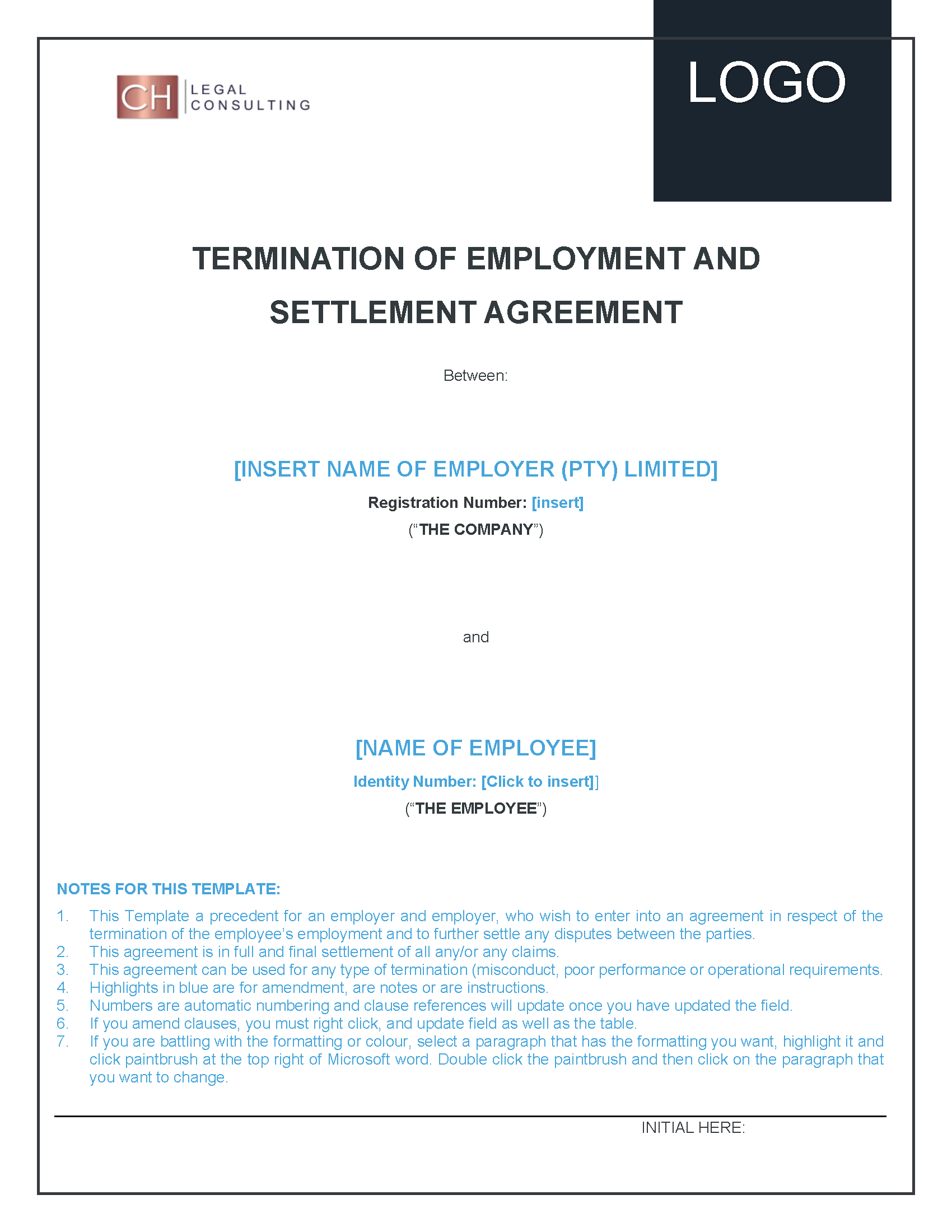 Employment Settlement Agreement Template Termination Of Employment Settlement Agreement