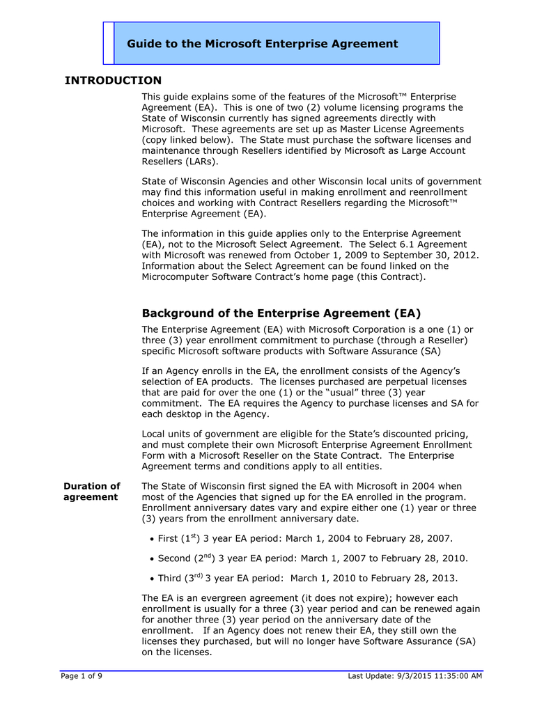 Enterprise License Agreement Guide To The Microsoft Enterprise Agreement Introduction Manualzz