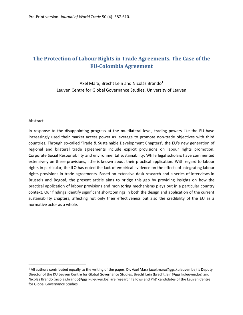 Eu Colombia Free Trade Agreement Pdf The Protection Of Labour Rights In Trade Agreements The Case