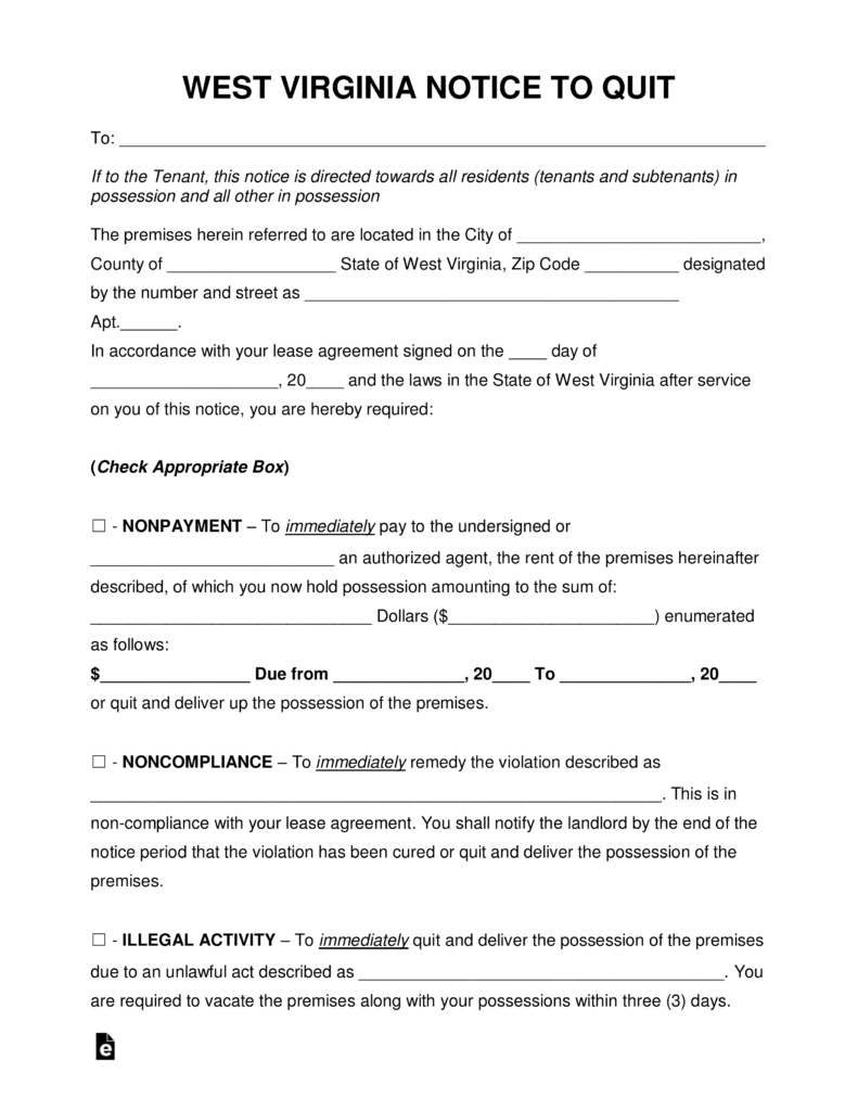 Eviction Without Tenancy Agreement Free West Virginia Eviction Notice Forms Process And Laws Pdf