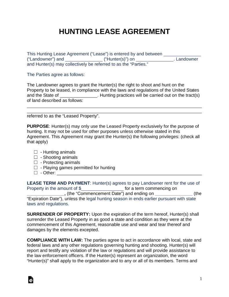 Examples Of Lease Agreements Free Hunting Lease Agreement Pdf Word Eforms Free Fillable Forms