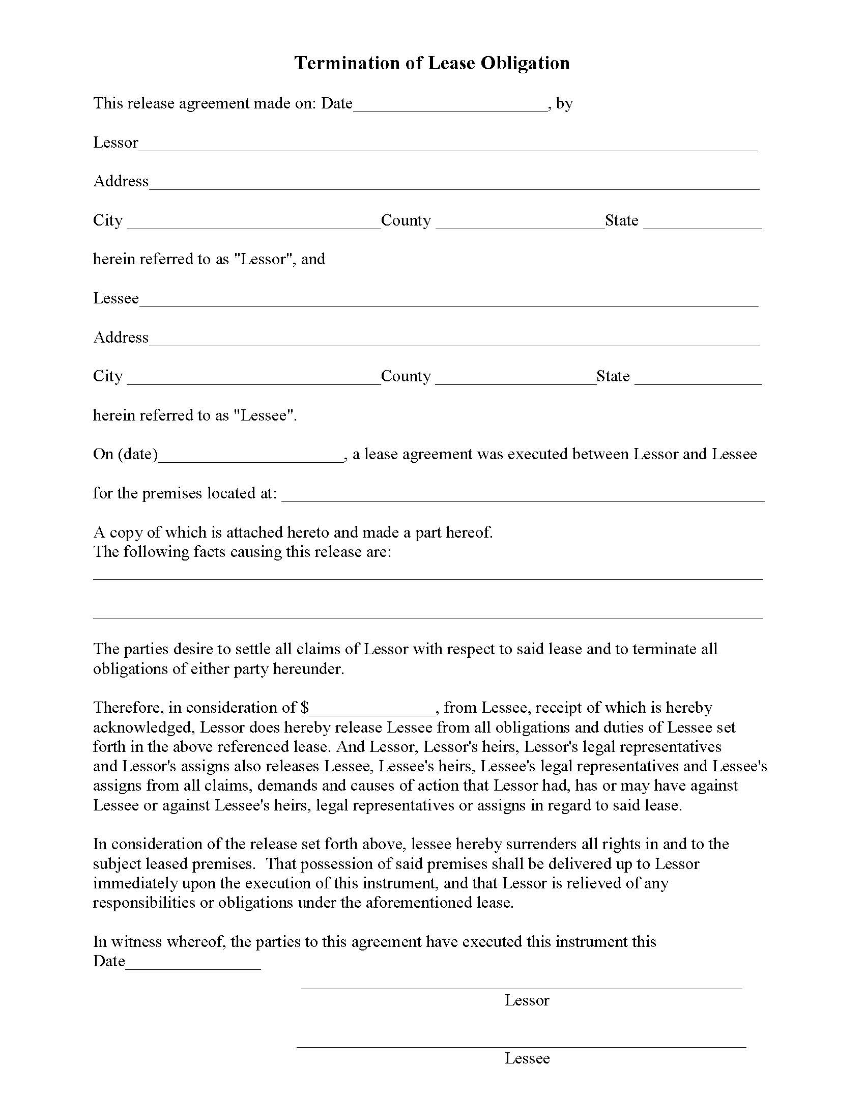 Examples Of Lease Agreements Lease Release Form Termination Of Lease Obligation Release Forms