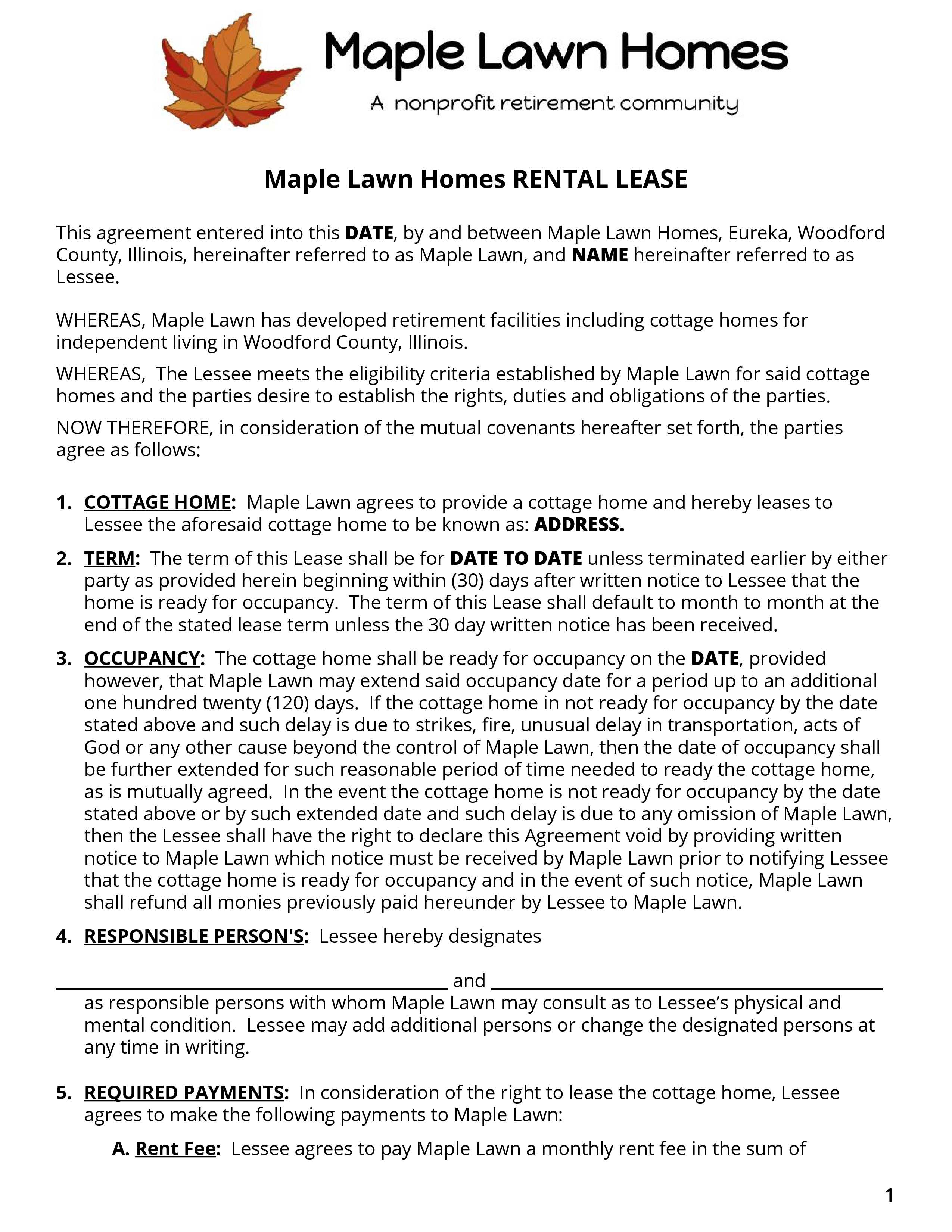 Examples Of Lease Agreements Maple Lawn Homes Rental Lease Example