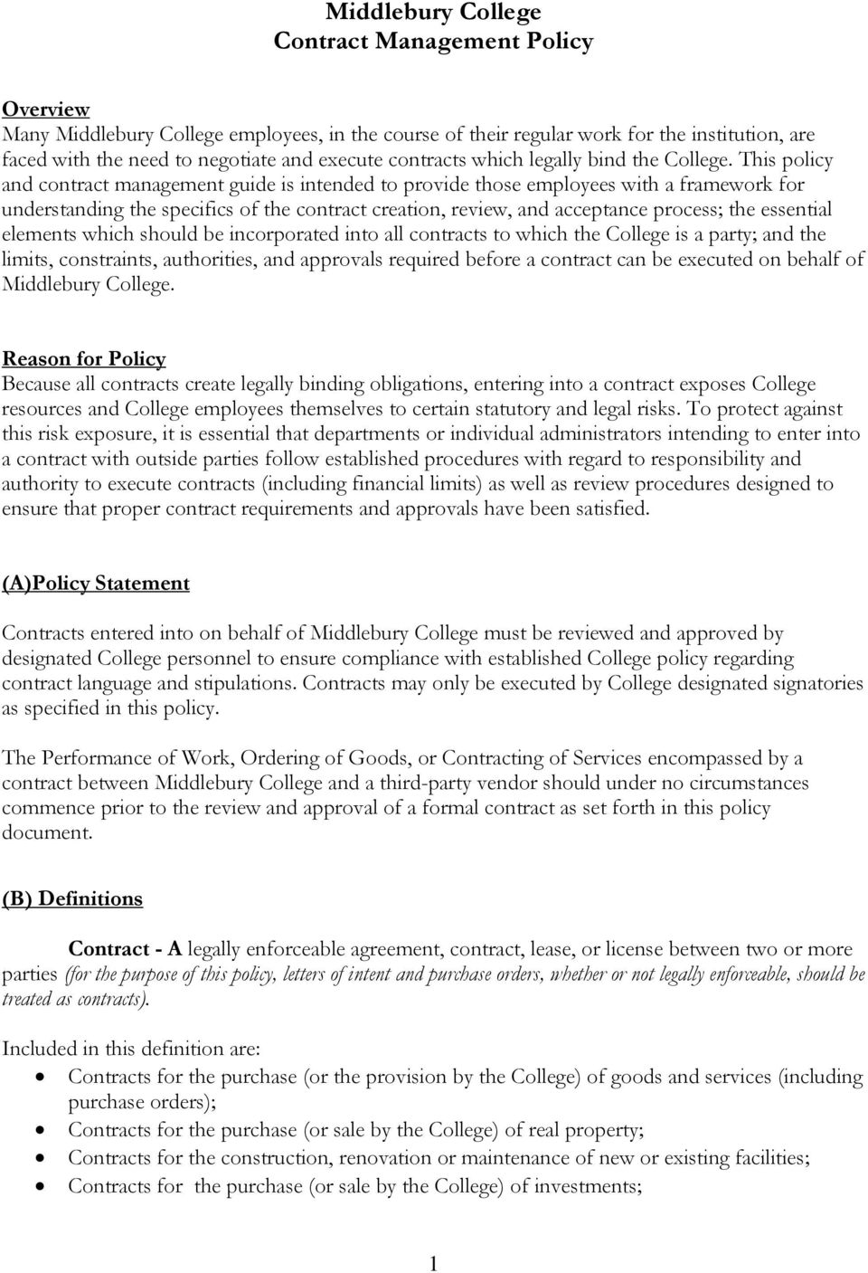 Executed Agreement Definition Middlebury College Contract Management Policy Pdf